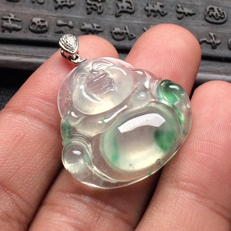 （超值推荐）冰种飘花玉佛挂件（金扣）