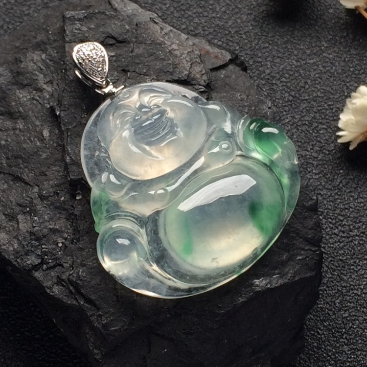（超值推荐）冰种飘花玉佛挂件（金扣）