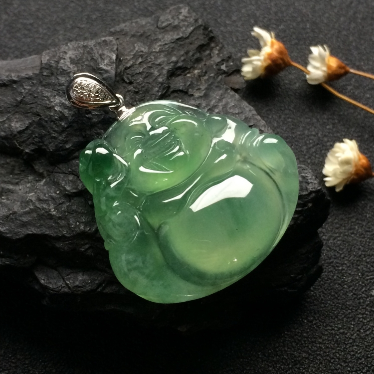 （超值推荐）冰种晴水飘花玉佛挂件（金扣）