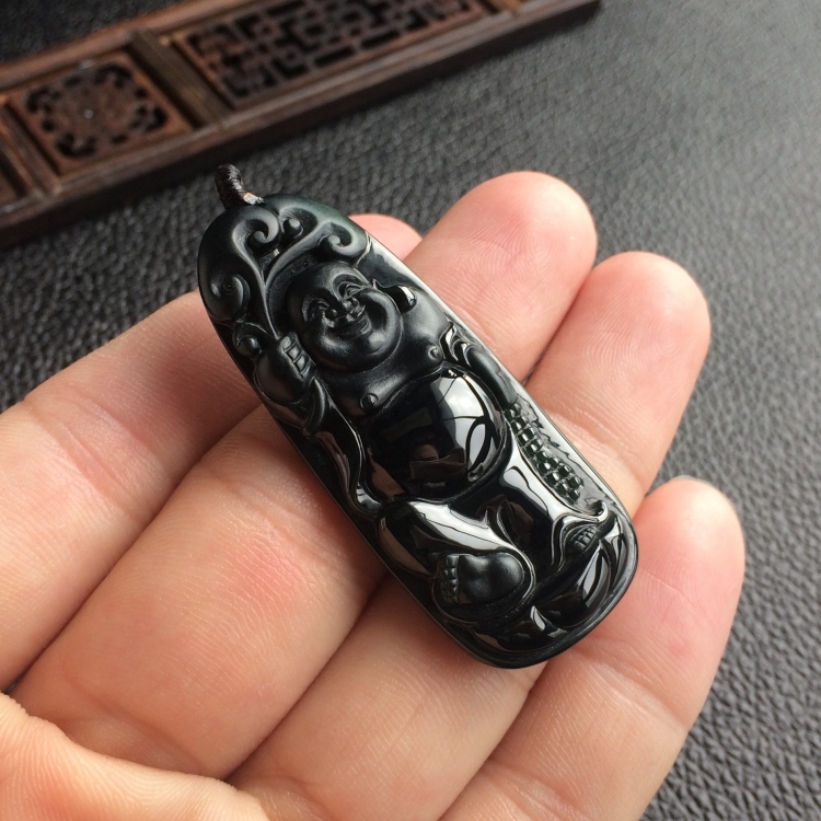 (超值推荐)糯冰种墨翠笑口常开挂件