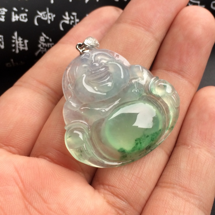 （超值推荐）冰种飘花玉佛挂件（金扣）