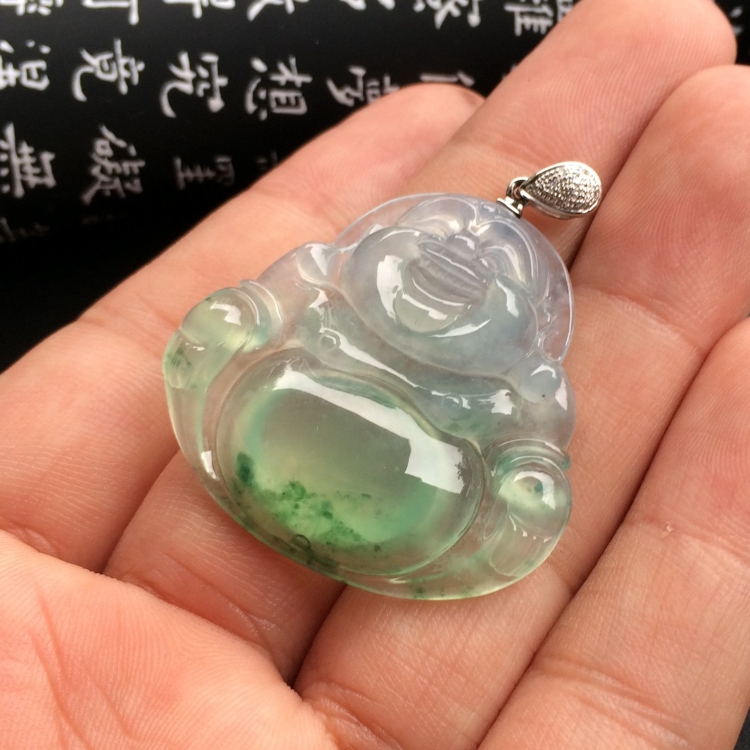 （超值推荐）冰种飘花玉佛挂件（金扣）
