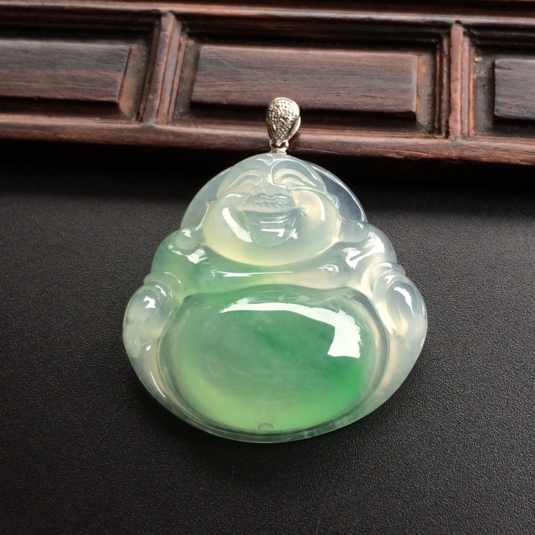 （超值推荐）冰种飘翠玉佛挂件（金扣）