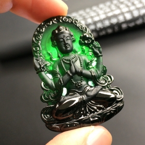 （超值推荐）冰玻种墨翠四臂观音挂件