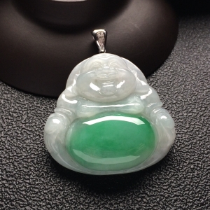 （超值推荐）糯冰种飘翠玉佛挂件（金扣）