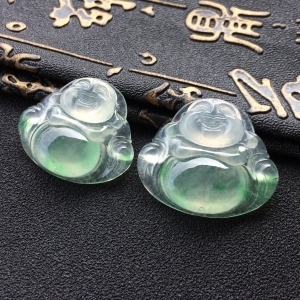 (超值推荐)冰种飘绿花玉佛挂件一对