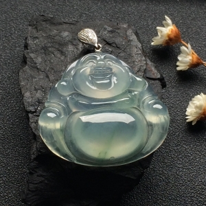 （*超值推荐）冰种略飘花玉佛挂件（金扣）