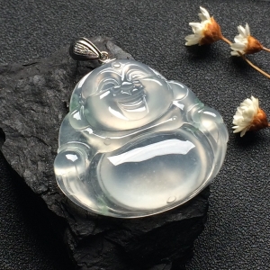 （超值推荐）冰玻种略飘花玉佛挂件（金扣）