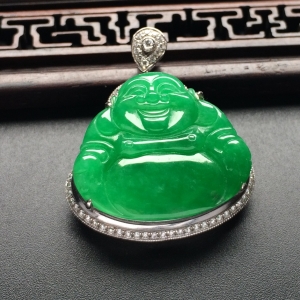 （超值推荐）糯冰种翠色镶白金钻石玉佛胸坠