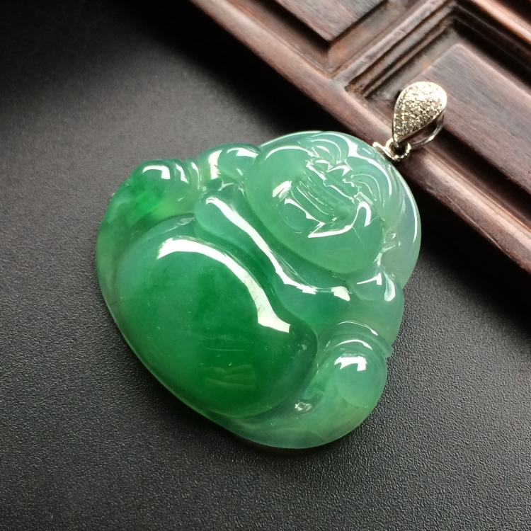 （超值推荐）冰种飘翠玉佛挂件（金扣）