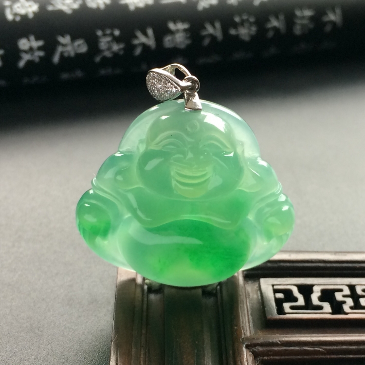 （超值推荐）冰种飘翠玉佛挂件（金扣）