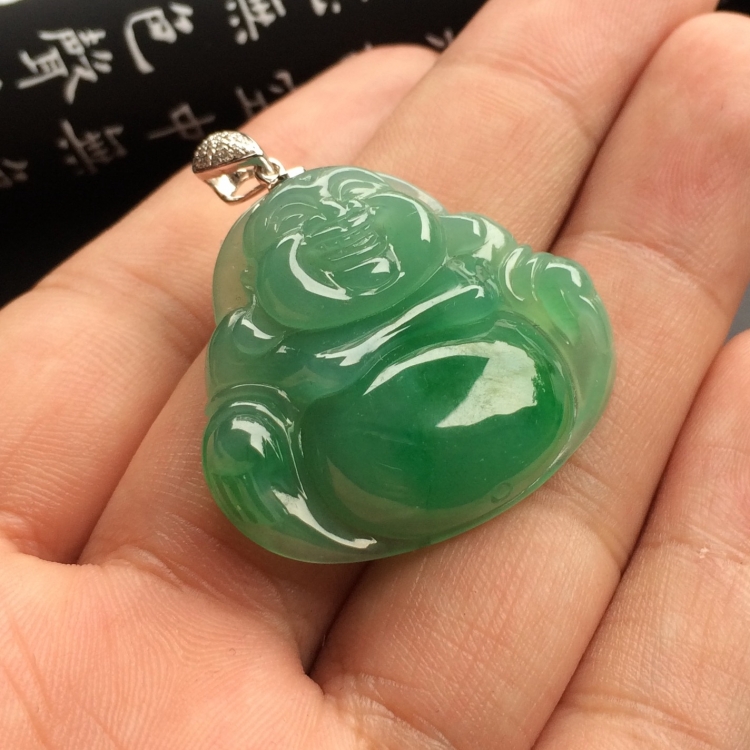 （超值推荐）冰种飘翠玉佛挂件（金扣）