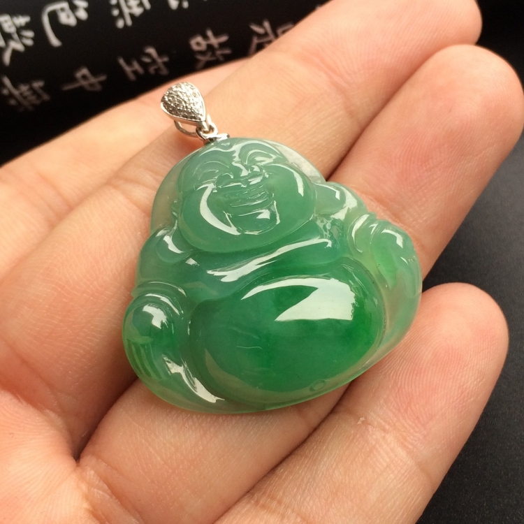 （超值推荐）冰种飘翠玉佛挂件（金扣）