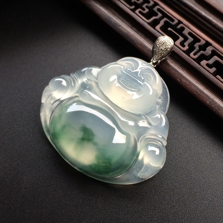 （超值推荐）冰种飘花玉佛挂件（金扣）