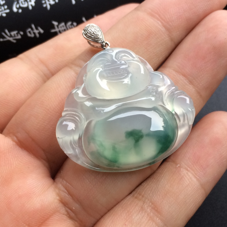 （超值推荐）冰种飘花玉佛挂件（金扣）