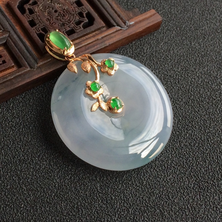 (超值推荐)糯冰种飘花镶玫瑰金平安扣胸坠