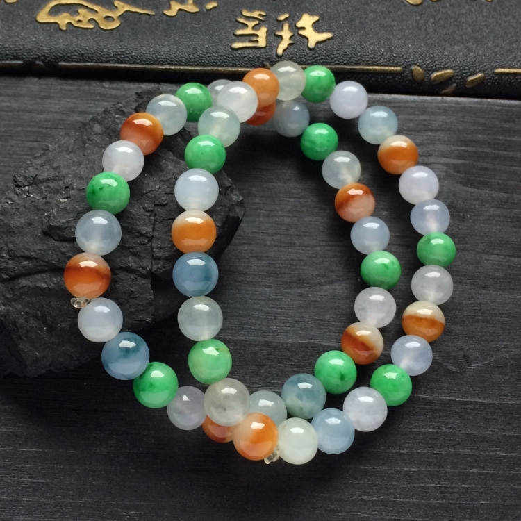 （超值推荐）糯冰种三彩圆珠手链（一对）