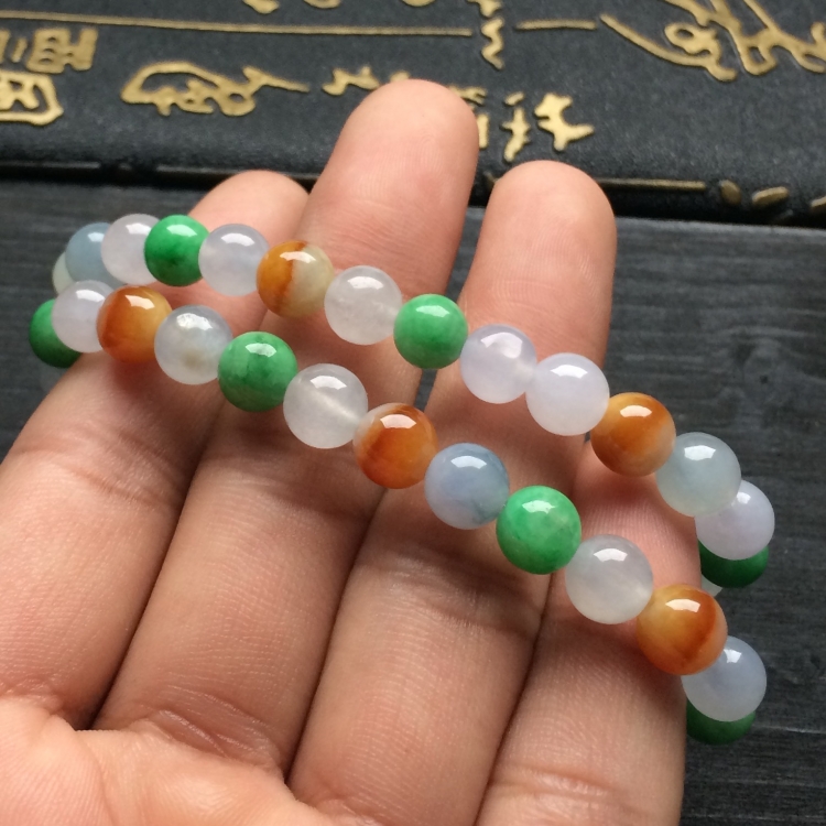 （超值推荐）糯冰种三彩圆珠手链（一对）