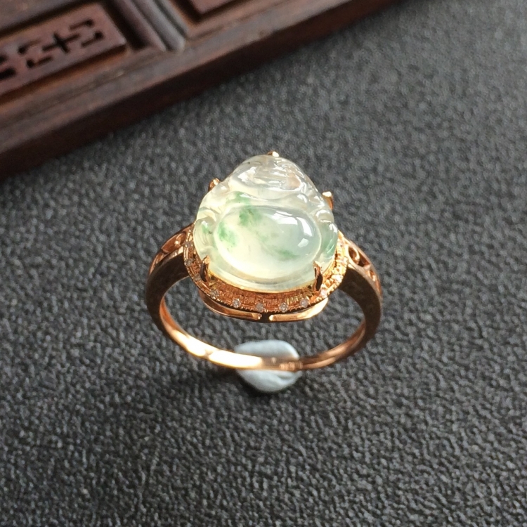 (超值推荐)冰种飘花镶玫瑰金钻石佛公戒指