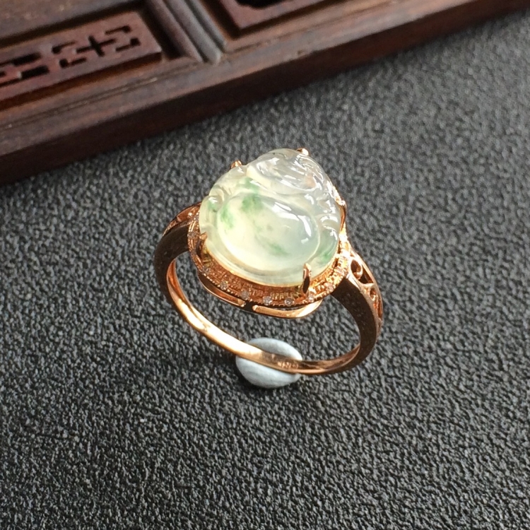 (超值推荐)冰种飘花镶玫瑰金钻石佛公戒指