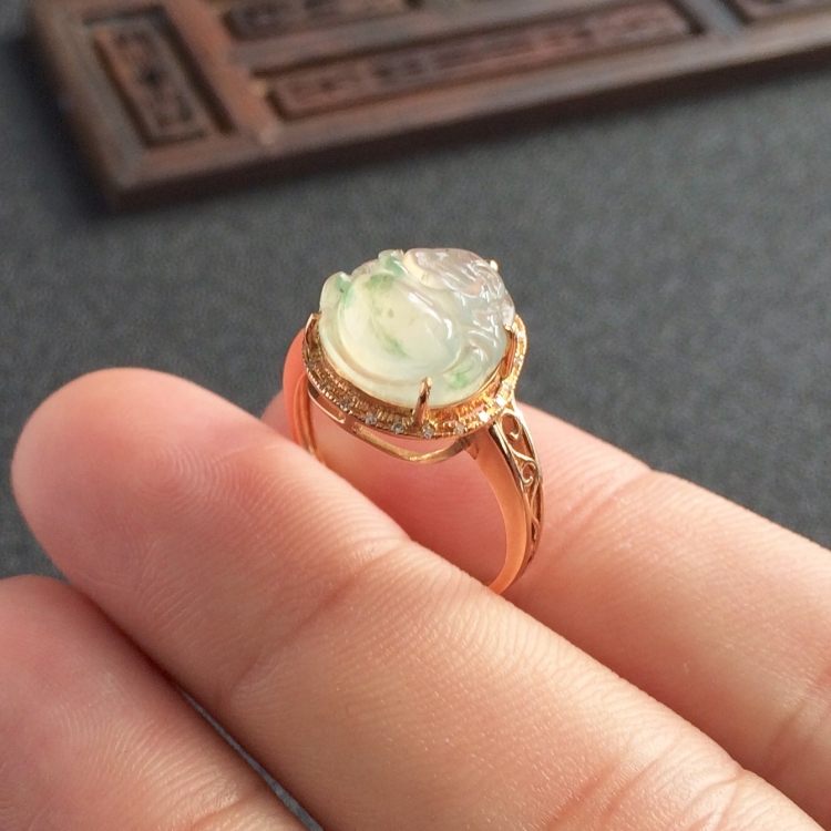 (超值推荐)冰种飘花镶玫瑰金钻石佛公戒指
