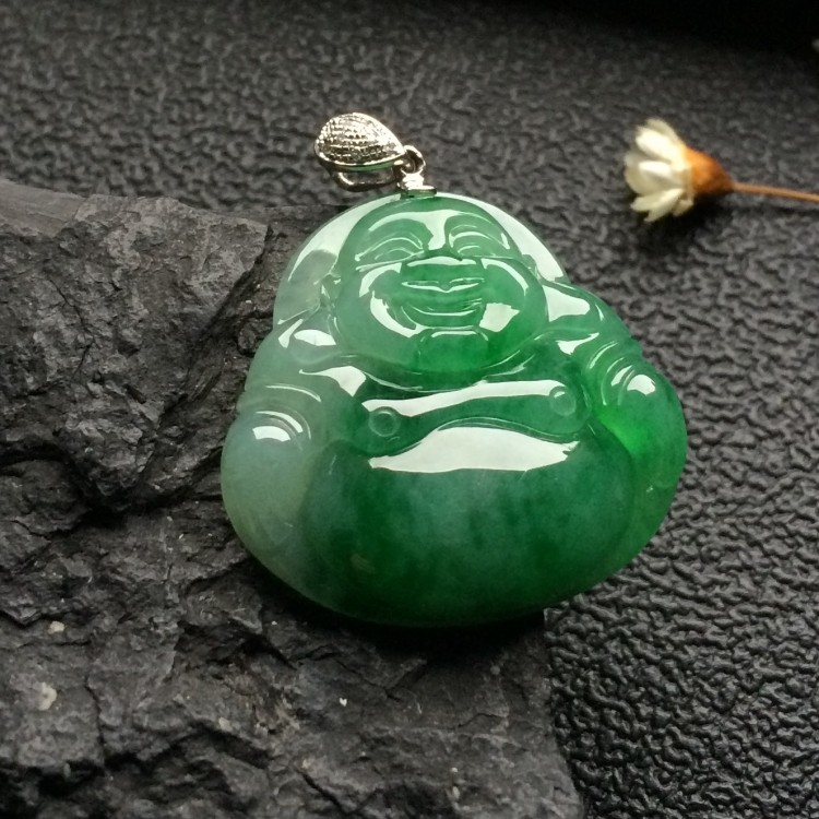 （超值推荐）糯冰种飘翠玉佛挂件（金扣）