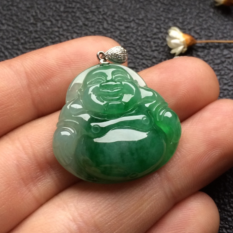 （超值推荐）糯冰种飘翠玉佛挂件（金扣）