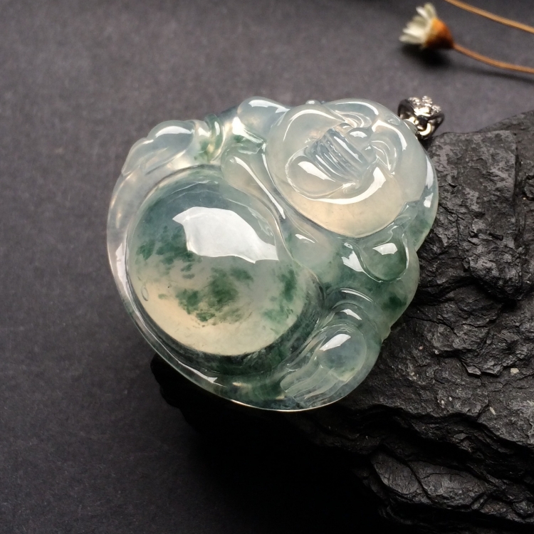 （超值推荐）冰种飘花玉佛挂件（金扣）