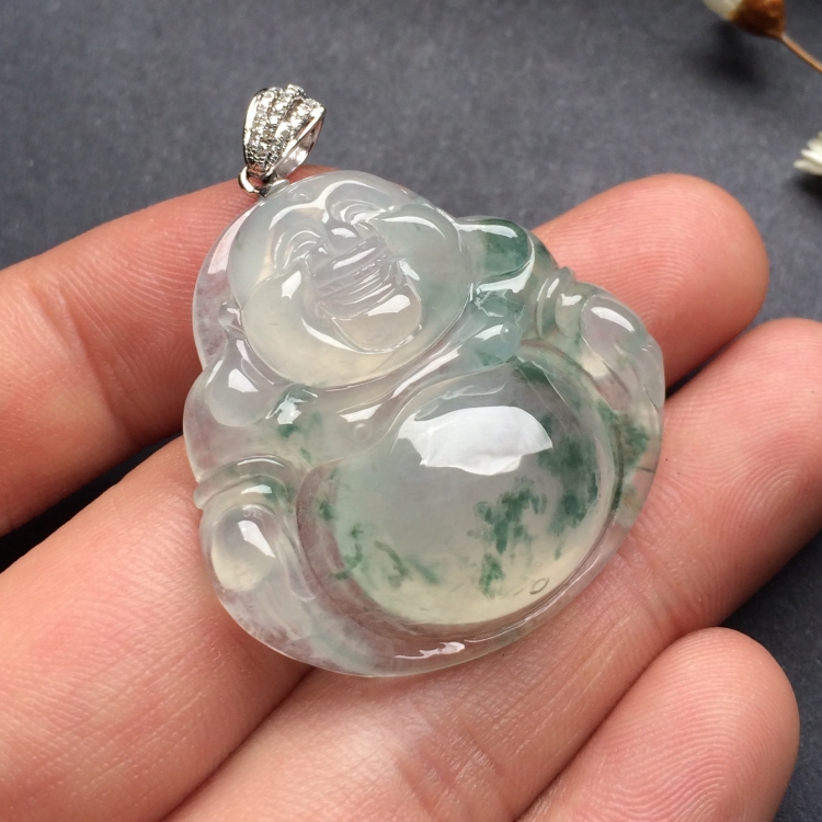（超值推荐）冰种飘花玉佛挂件（金扣）