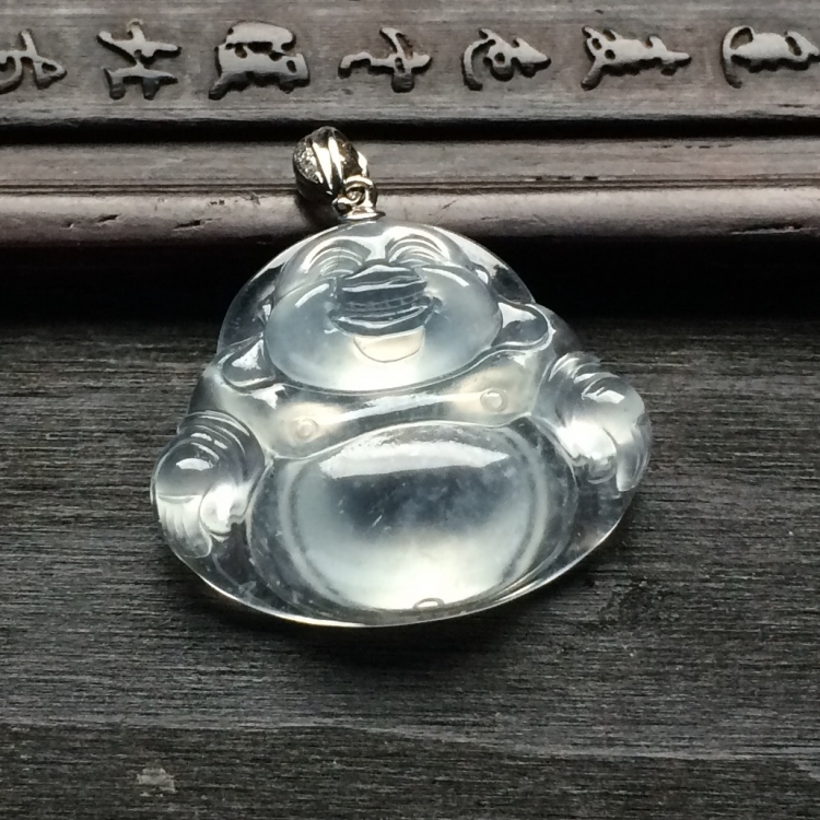 （超值推荐）冰玻种无色玉佛挂件（金扣）