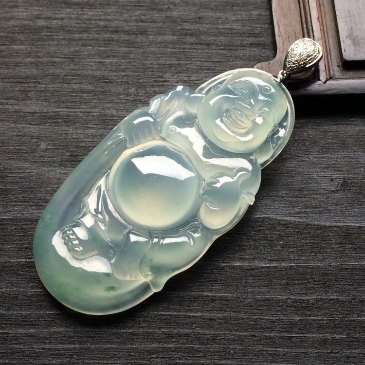 （超值推荐）冰种略飘花布袋佛挂件（金扣）