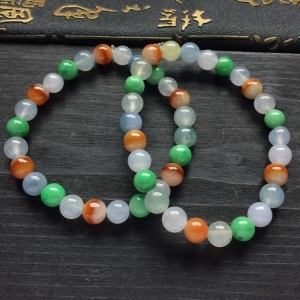 （超值推荐）糯冰种三彩圆珠手链（一对）