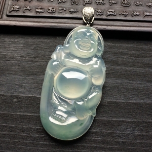 （超值推荐）冰种略飘花布袋佛挂件（金扣）