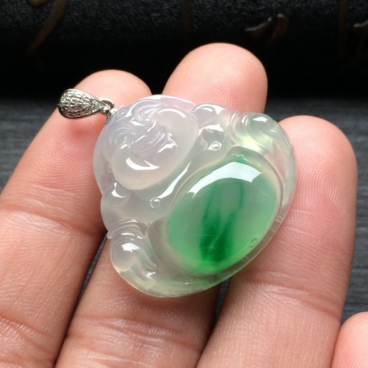 （超值推荐）冰种飘翠玉佛挂件（金扣）