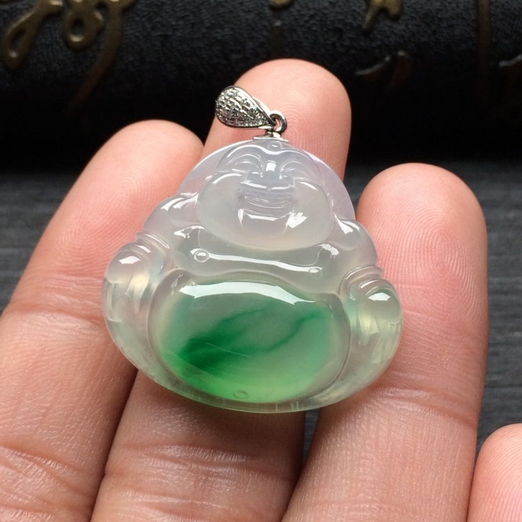 （超值推荐）冰种飘翠玉佛挂件（金扣）