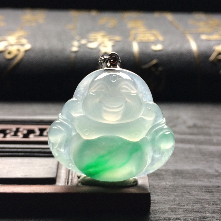 （超值推荐）冰种飘翠玉佛挂件（金扣）