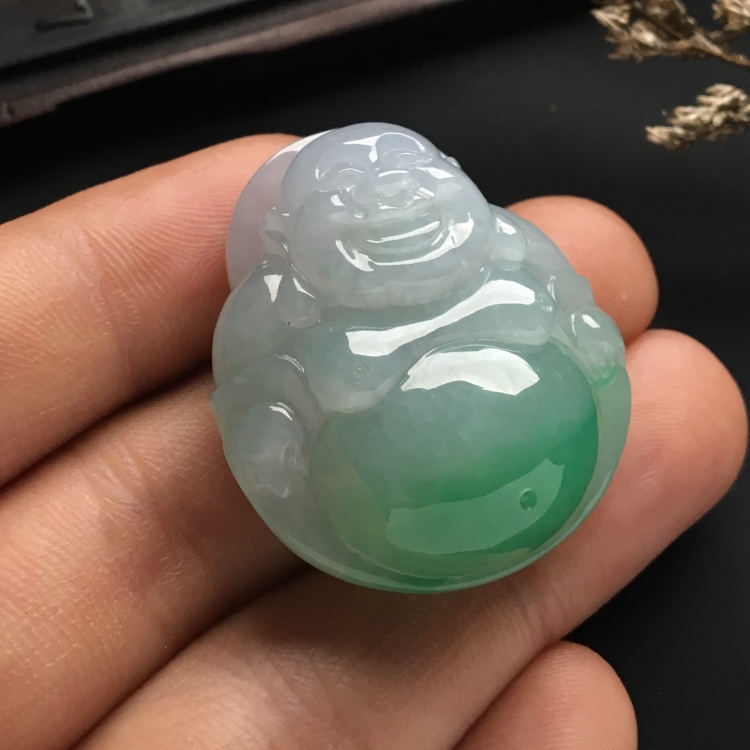 （超值推荐）糯冰种略飘绿花玉佛挂件