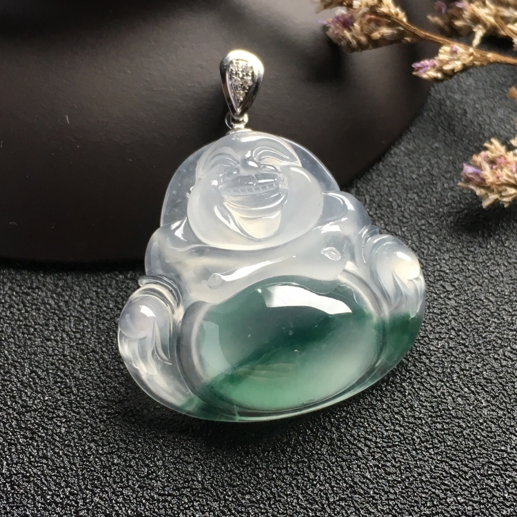 （超值推荐）冰种飘花玉佛挂件（金扣）