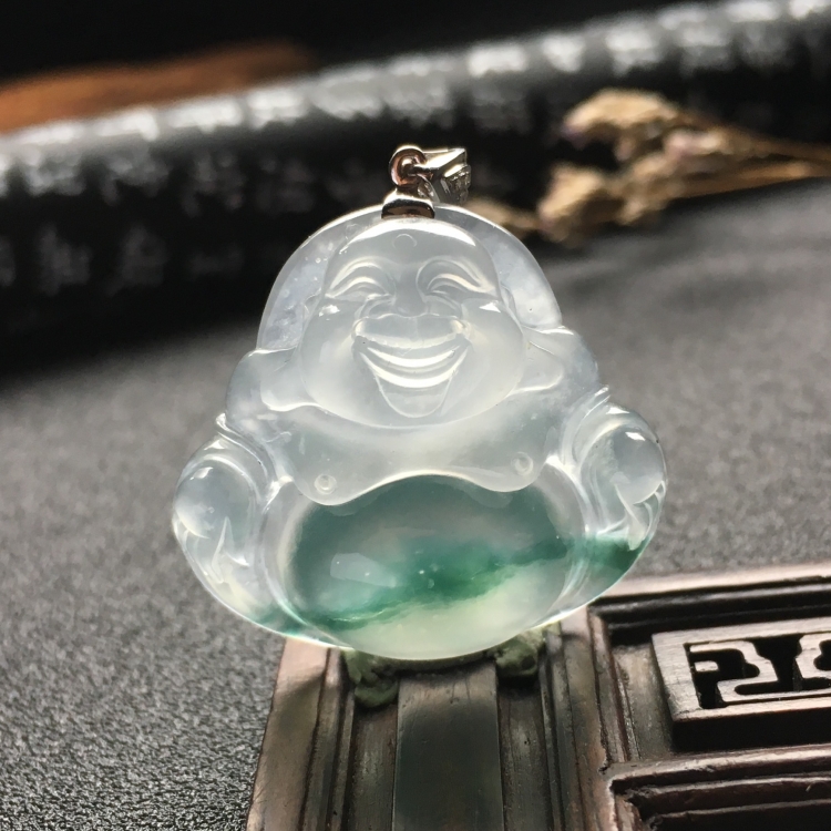 （超值推荐）冰种飘花玉佛挂件（金扣）