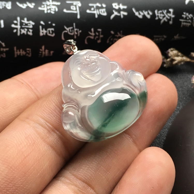 （超值推荐）冰种飘花玉佛挂件（金扣）