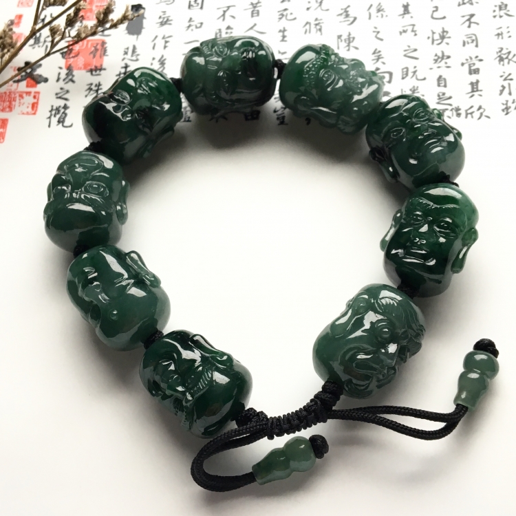 （超值推荐）糯冰种油青/飘花罗汉头手链