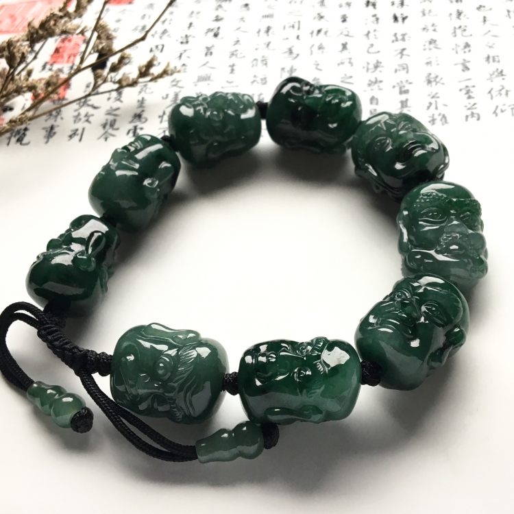 （超值推荐）糯冰种油青/飘花罗汉头手链