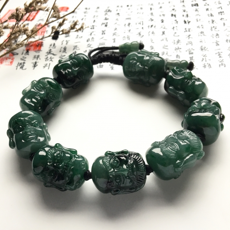 （超值推荐）糯冰种油青/飘花罗汉头手链