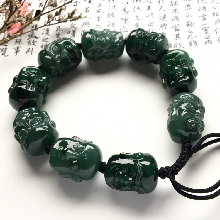（超值推荐）糯冰种油青/飘花罗汉头手链