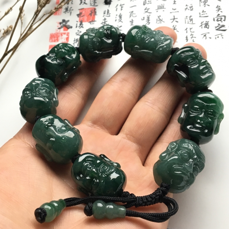 （超值推荐）糯冰种油青/飘花罗汉头手链