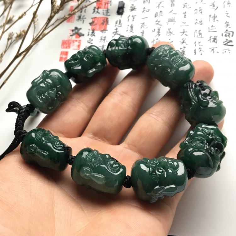 （超值推荐）糯冰种油青/飘花罗汉头手链