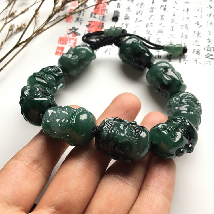 （超值推荐）糯冰种油青/飘花罗汉头手链