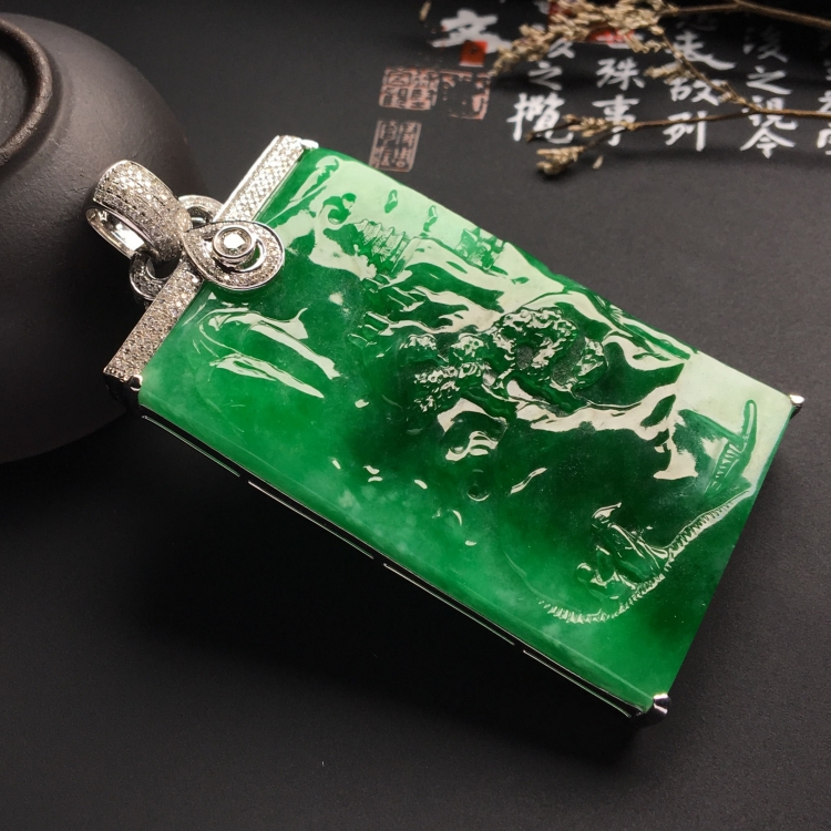 （超值推荐）镶白金钻石糯冰种阳绿淡泊名利胸坠