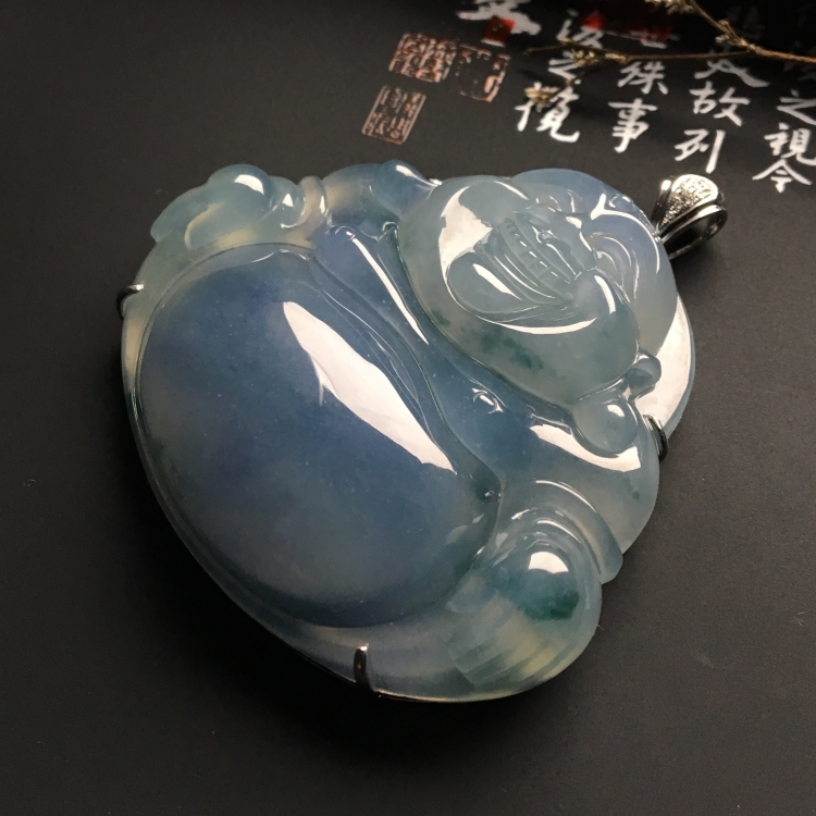 （超值推荐）镶白金钻石冰种紫罗兰飘花玉佛胸坠