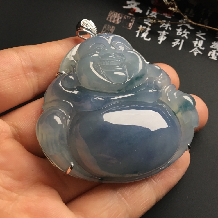 （超值推荐）镶白金钻石冰种紫罗兰飘花玉佛胸坠